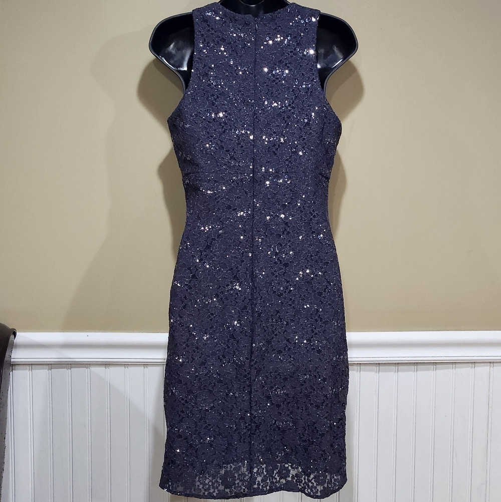 Nightway Women's Sequined Lace Cocktail Dress Charcoal Blue Illusion Neck Sz 8 - Picture 2 of 8